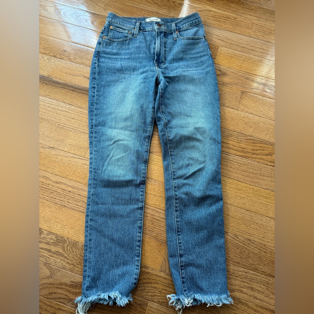 Madewell Blue Straight-Leg Jeans with Frayed Hem